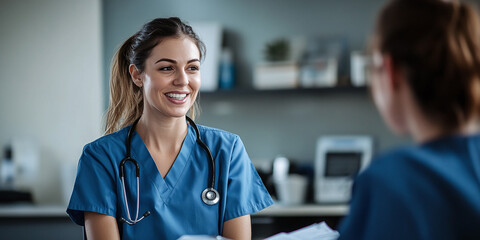 A medical recruiter interviews a nurse at a hospital or clinic.