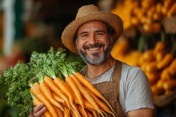 Wall Mural - A delighted farmer showcasing a bunch of ripe carrots against a solid orange background, symbolizing the bounty of the harvest,