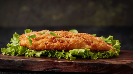 Wall Mural - Crispy breaded chicken breast fillet lying on fresh green lettuce on a wooden board