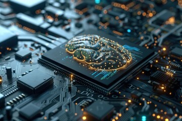 Wall Mural - artificial intelligence represented by a luminous brain growing on a circuit board