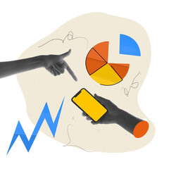 Wall Mural - Human hands interacting with mobile phone and multicolored pie chart. Performance metrics, segmentation and targeting, analytics. Contemporary art collage. Concept of digital marketing, business