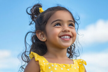 Hispanic girl smile playing sunlight during summer vacation, mental health