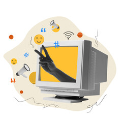 Wall Mural - Human hands appearing from computer screen and showing peace symbol. Positive branding, online communication, social media. Contemporary art collage. Concept of digital marketing, business, technology