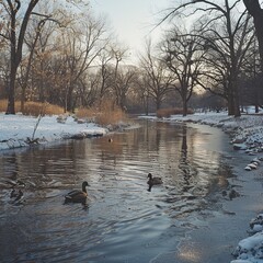 Poster - Ducks Swimming in a River on a Snowy Day