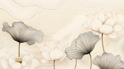 Wall Mural - Abstract White and Gray Lotus Flowers with Golden Veins on a Cream Background