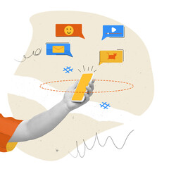 Wall Mural - Hand interacting with phone and mail, message, video player icons. Multichannel marketing, content diversity, user engagement, Contemporary art collage. Digital marketing, business, social media