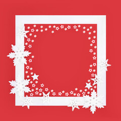 Canvas Print - Christmas snowflake and star festive background border on red white frame. Magical enchanting  seasonal abstract design for Xmas, Noel, Yule. Copy space.