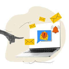 Wall Mural - Hand pointing at laptop screen with mails and notification icons. Email marketing, user engagement, customer relationship management. Contemporary art collage. Concept of digital marketing, business