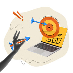 Wall Mural - Hand throwing arrow into target in laptop with dollar sign and growing years. Target marketing, conversion in sales, strategic planning. Contemporary art collage. Digital marketing, business concept