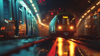 Wall Mural - A vibrant subway scene showcasing an approaching train illuminated by colorful lights, capturing urban energy and movement.