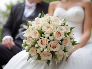 bride and groom with bouquet