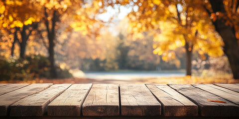 Canvas Print - empty wooden table and blurred autumn background