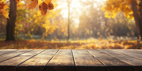 Wall Mural - empty wooden table and blurred autumn background