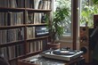 © nsit0108 - Vintage record player playing a vinyl record in a cozy living room filled with music and warm sunlight