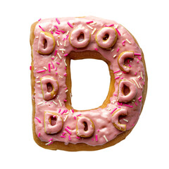 A pink frosted donut shaped into the letter D decorated with sprinkles and mini donuts