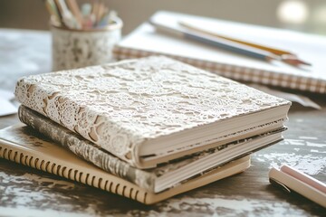 Elegant notebooks with decorative covers stacked on a wooden table, ideal for writing, journaling, or creative projects.