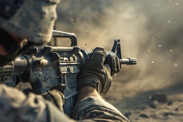 Soldier Firing a Rifle in a Dusty Battlefield