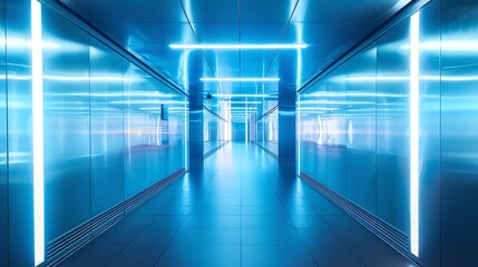 Wall Mural - Futuristic corridor illuminated with vibrant blue lights, showcasing sleek walls and modern design for a stylish atmosphere.