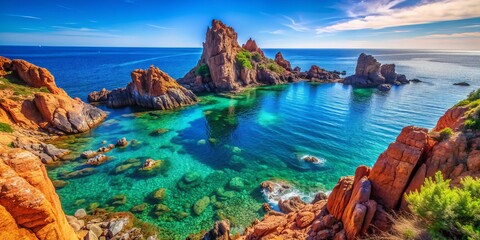 Vibrant red rock formations meet turquoise waters at Pointe de l'Aiguille, a picturesque coastal destination on the French Riviera's Esterel Mediterranean coast in southern France.