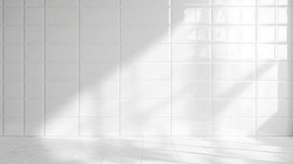 Fototapete - White ceramic tile table with empty space and sunlight. kitchen white background podium table for product placement and design. White room with tile wall and sunlight