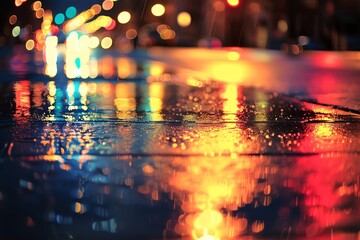 Wall Mural - Vibrant reflections on a wet street, illuminated by colorful city lights, creating a mesmerizing urban night scene.