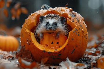 Wall Mural - Hedgehog Inside a Carved Pumpkin