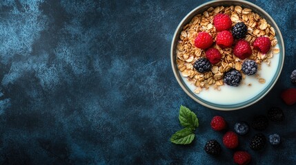 Wall Mural - A bowl of oat granola with milk and berries, viewed from above. Nutritious breakfast option with plenty of space for text or other design elements.