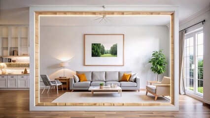 Poster - Modern Living Room Interior with Gray Sofa, Wooden Frame, and Natural Light