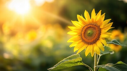 Sticker - A single sunflower basking in the sunlight, with a blurred background. Ideal for bright and cheerful floral visuals.