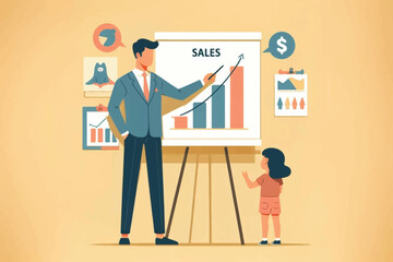 illustration of a businessman showing a sales graph as a symbol of early business education