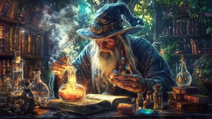 Mystical Alchemist Concocting Enchanted Potions Surrounded by Arcane Artifacts in Vibrant Watercolor Style  Magical Mystical Scene with Cauldron Glowing Elixirs and Mystical Ingredients