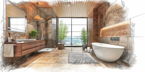 Poster - draw bathroom interior with modern furniture