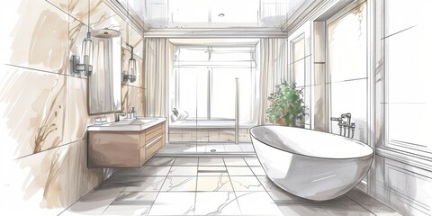 Poster - draw bathroom interior with modern furniture