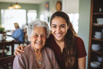 Wall Mural - Portrait of a senior Hispanic woman with her caregiver in nursing home