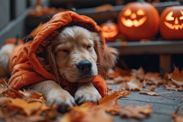 Canvas Print - Sleeping Golden Retriever Pup Dressed in Pumpkin Costume