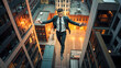 © Elaine - Businessman walking tightrope between buildings taking risks