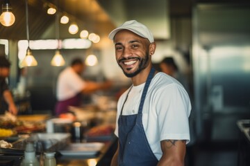 Wall Mural - Portrait of a smiling American chef in the kitchen