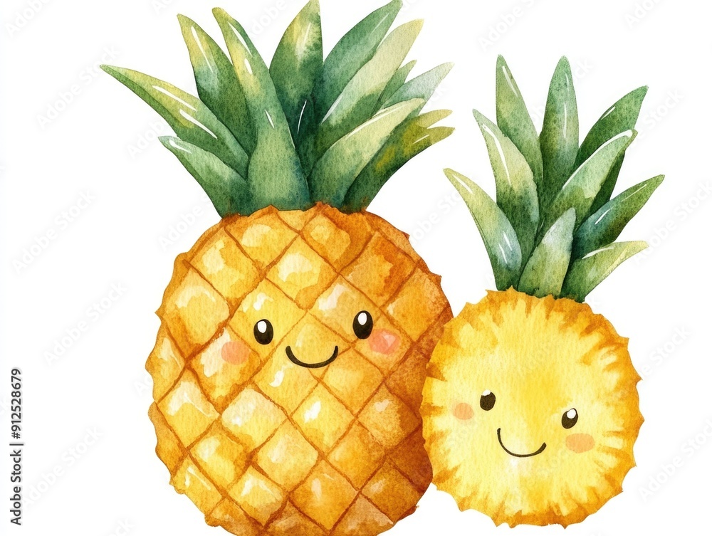 Cheerful pineapple watercolor with a smiling face presented as a cute ...