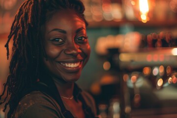 Wall Mural - Portrait of a smiling African American woman working in cafe