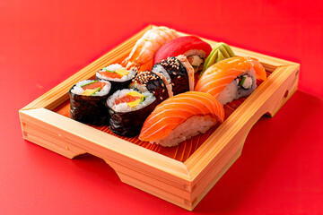 Wall Mural - set of different sushis on wooden tray on red background