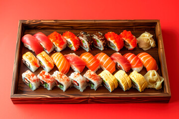 Sticker - set of different sushis on wooden tray on red background