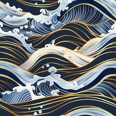 Aufkleber - Seamless pattern depicting blue and gold ocean waves