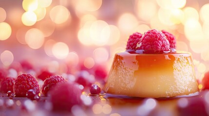 Close-up of flan caramel custard pudding with raspberries on a blurred bokeh background. Copy text space available.