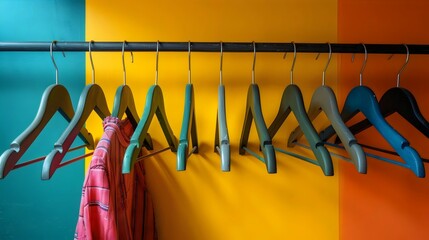 A row of clothes hanging on a rack with a red shirt hanging on the left