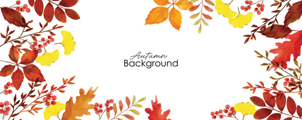 Wall Mural - Watercolor vector autumn frame with leaves and branches. Autumn foliage watercolor frame, fall leaves, acorns, berries, spruce branch. Forest design elements illustration