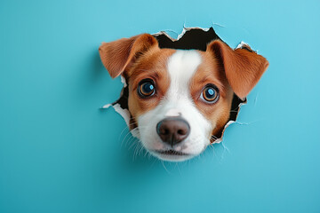 Wall Mural - A playful cute dog peering through a torn hole of paper, set against a blue background, capturing a moment of whimsical surprise