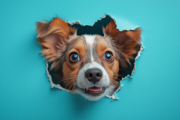 Wall Mural - A playful cute dog peering through a torn hole of paper, set against a blue background, capturing a moment of whimsical surprise