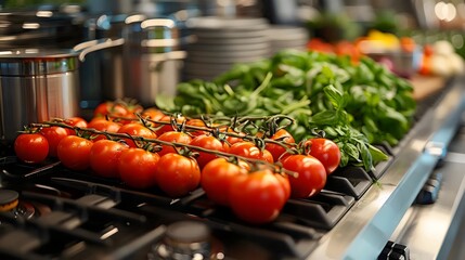 Canvas Print - A close up of a stove top with a variety of vegetables including tomatoes