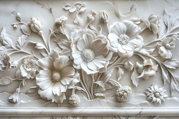 AI generated illustration luxury white wall design bas-relief animal and flowers decor element