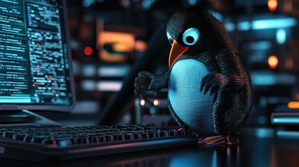 A 3D penguin with blue eyes types on a keyboard in a dark room with a screen in the background.